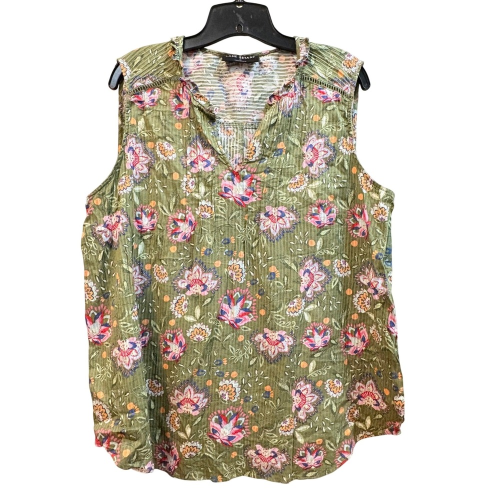 Lane Bryant Top Women 14 Green Floral Sleeveless Crinkle Cottagecore Blouse